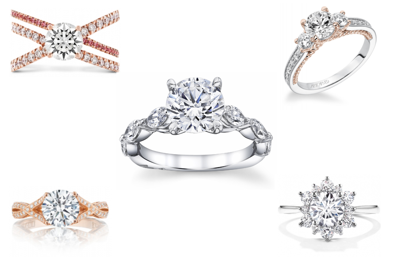 A collage of engagement rings, all available at Rogers Jewelry Co.